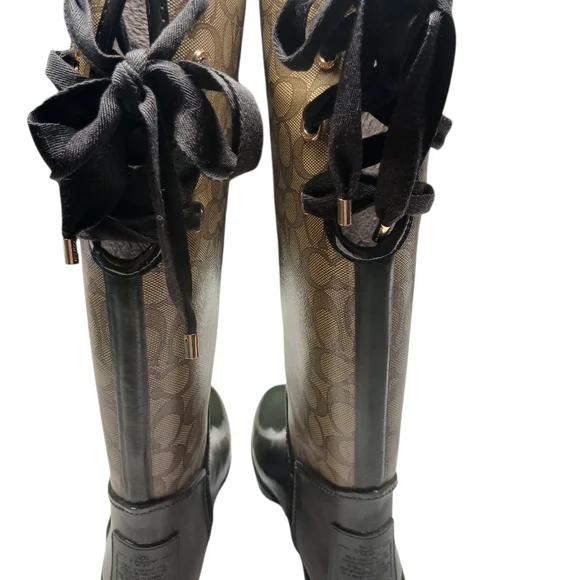 Coach Tristee Signature Tall Rain Boots Lace Back Brown Black Women's Size 8B - Picture 2 of 12